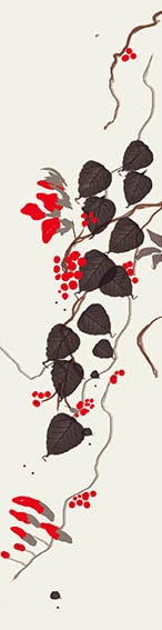 Agnès Saint Pierre - feuilles et baies - rouge  - papier peint - tissu - marque-page