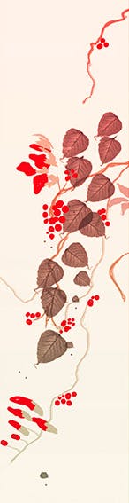 Agnès Saint Pierre - feuilles et baies - rouge rose - papier peint - tissu - marque-page