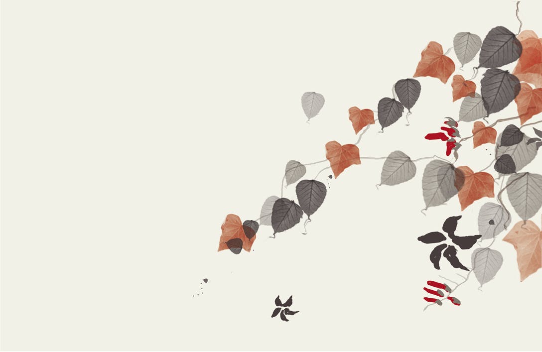 Agnès Saint Pierre - feuilles et fleurs tombantes - rouge - papier peint