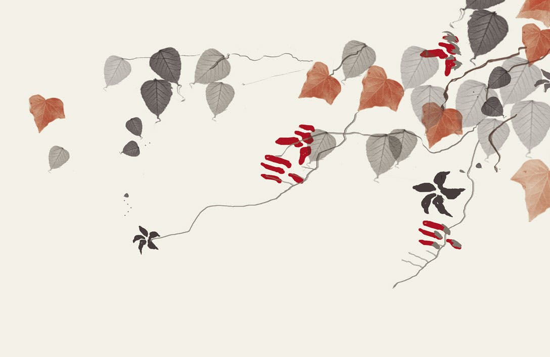 Agnès Saint Pierre - feuilles et fleurs - rouge - papier peint